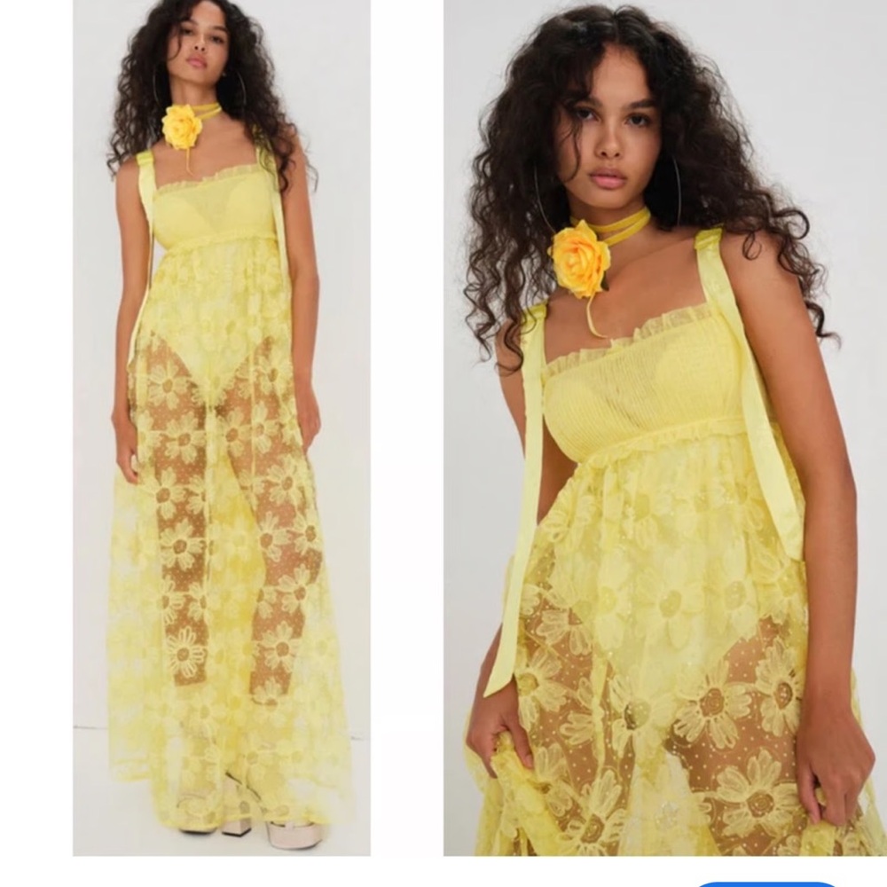 NWT For Love and Lemons Emma Yellow Floral Lace Maxi Dress NEW Medium M